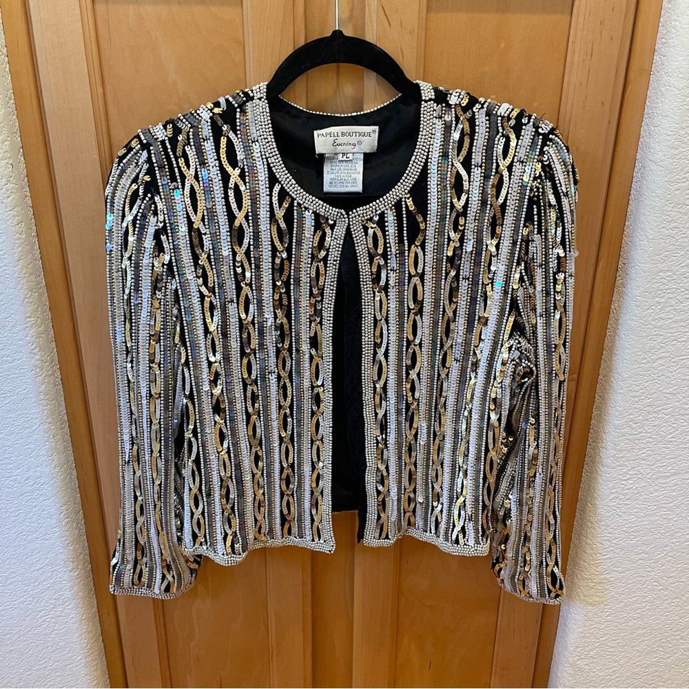 Papell Boutique Evening Vintage Black and Gold Sequin Beaded Jacket Petite Large